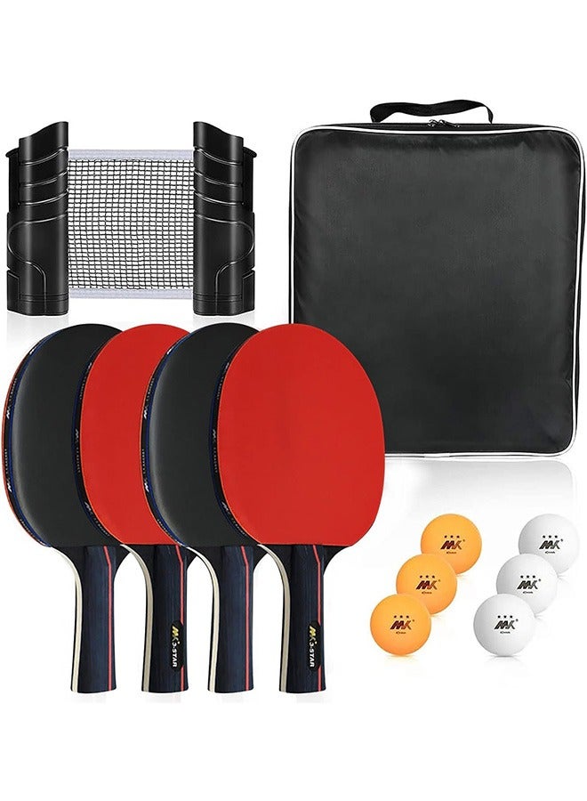 كوينج مجموعة مضارب تنس الطاولة، مجموعة تنس طاولة محمولة عالية الأداء من 3 نجوم مع شبكة تنس طاولة قابلة للسحب، 4 مضارب تنس طاولة احترافية، 6 كرات، حقيبة تخزين، للعب في البطولات - Image 1