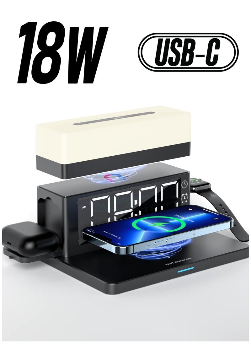 SYOSI Wireless Charging Station with Digital Alarm Clock, Night Light,18W Fast Charger Compatible with iPhone/Samsung Galaxy, for AirPods/Apple Watch  - Image 1