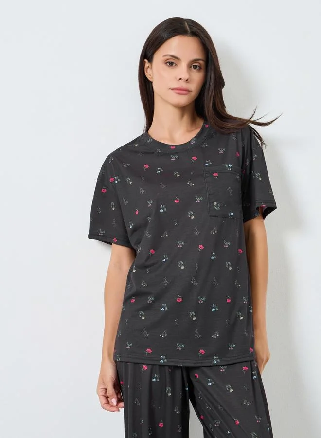 Styli Multi Floral Drop Shoulder T-Shirt and Pyjama Set