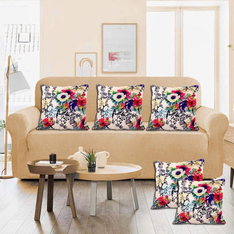 Kuber Industries Kuber Industries Floral Design 5 Pieces Cotton Cushion Cover - 16"x16"(Cream)  - Image 1