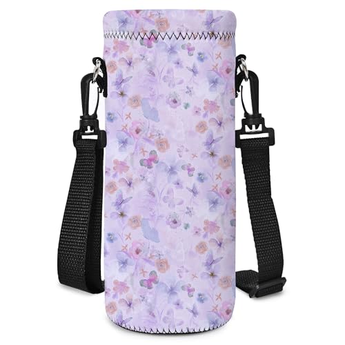 AORTDES Neoprene 750ML Water Bottle Bag Carrier Portable Insulated Bottle Sling Holder Case Pouch with Adjustable Shoulder Strap for Men Women Walking Hiking Running FlowersButterflies - Image 1