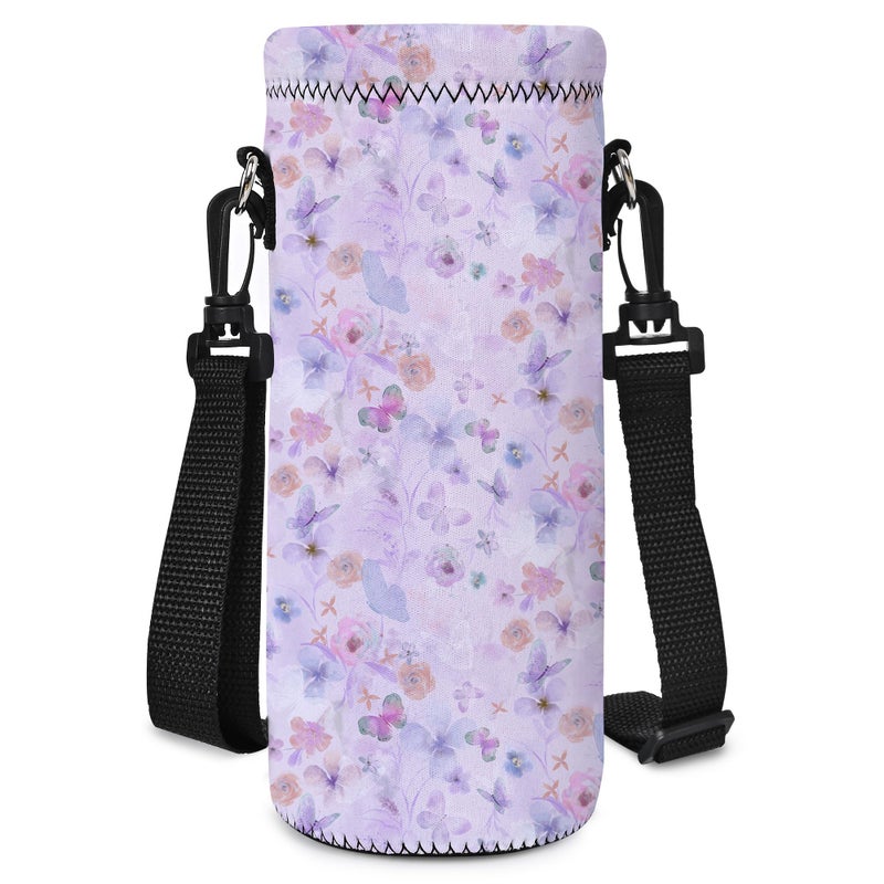 AORTDES Neoprene 750ML Water Bottle Bag Carrier Portable Insulated Bottle Sling Holder Case Pouch with Adjustable Shoulder Strap for Men Women Walking Hiking Running FlowersButterflies - Image 2