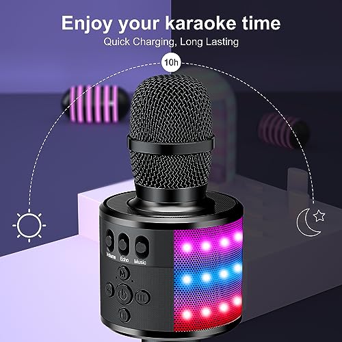 BONAOK Karaoke Microphone for Kids & Adults - Bluetooth Microphones Singing Mic with Disco Lights, Echo Effect, Built-in Speaker Portable Karaoke Player for Party Travel Gifts Q78(Black) - Image 3