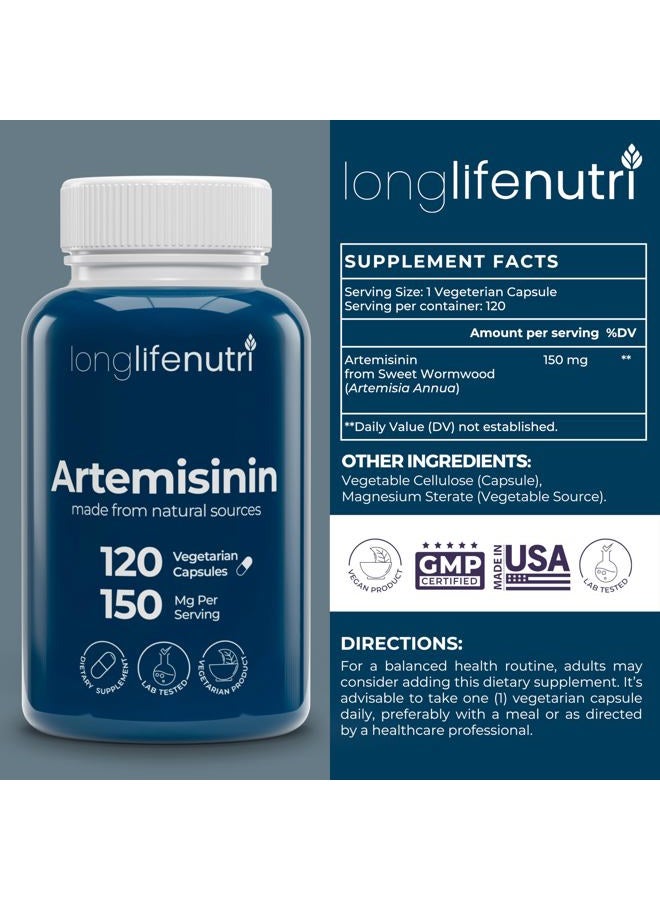 LongLifeNutri Artemisinin 150mg - 120 Vegetarian Capsules | Made in USA | 4 Months Supply | Pure Sweet Wormwood Extract 150 mg Super Complex Powder Pill - Image 2