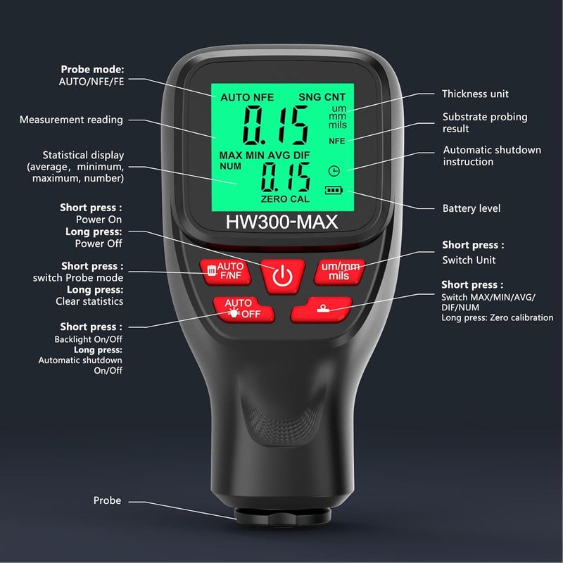 Coating Thickness Gauge 0 2000um Type 1 Black with Data Recording and 3 Units Switch - Image 4