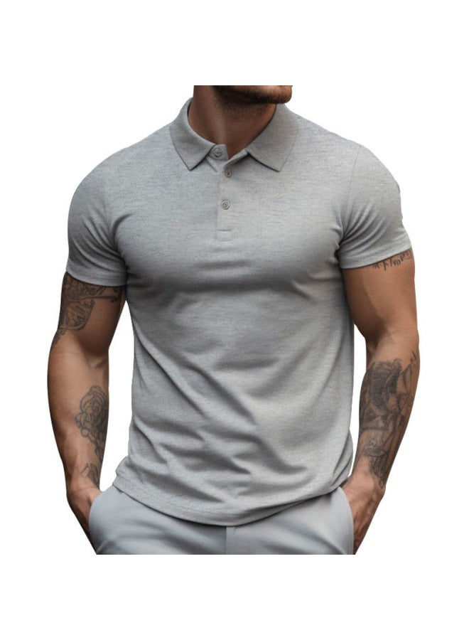 European And American Men's Summer Short Sleeve Solid Color Lapel Shirt Half-on Loose Fit Large Size Breathable American Style Sports T-shirt