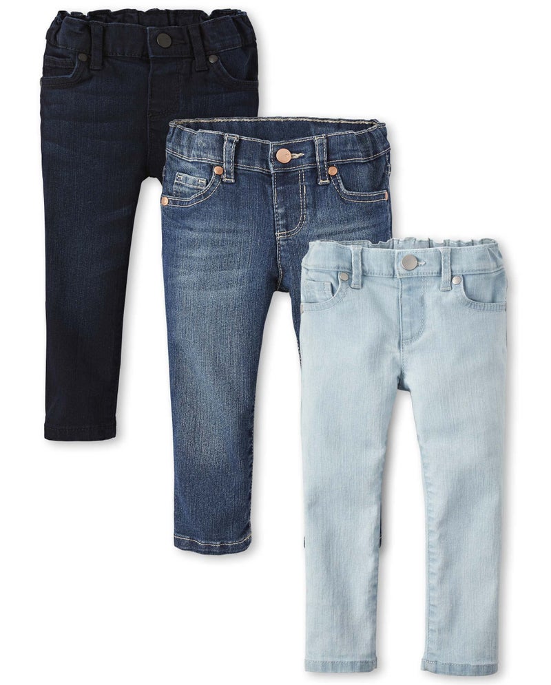 The Children's Place جينز ضيق أساسي للبنات الصغيرات من ذا تشيلدرنز بليس، غسلة زرقاء/داكنة إنديغو/غسلة سماء، عبوة 3، 12-18 شهر - Image 4
