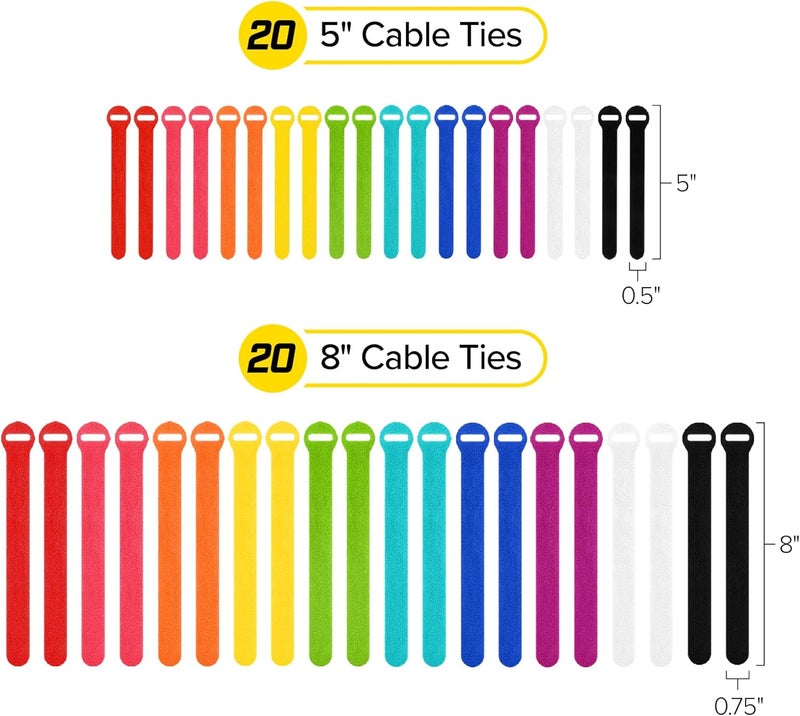 Wrap-It Storage Self-Gripping Cable Ties by , Multi-Color, 40 Pack (5 Inch and 8 Inch Straps) – Reusable Hook and Loop Cord Keeper, Cable Wrappers for Cord Management and Home Office Desk Organization - Image 4