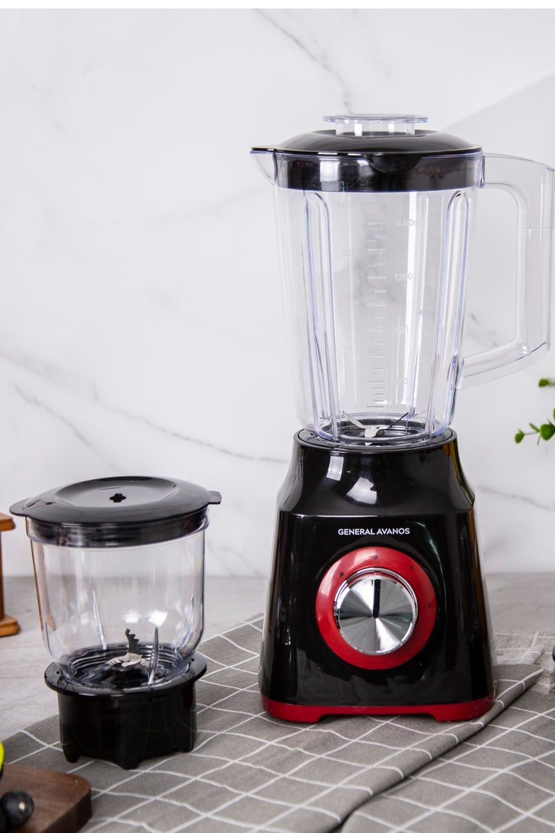 AVANOS خلاط طاولة 3 في 1 سعة 1.6 لتر مع وعاء 2 سرعة وزر نبض، وعاء مفرمة وطاحونة باللون الأحمر والأسود - Image 1