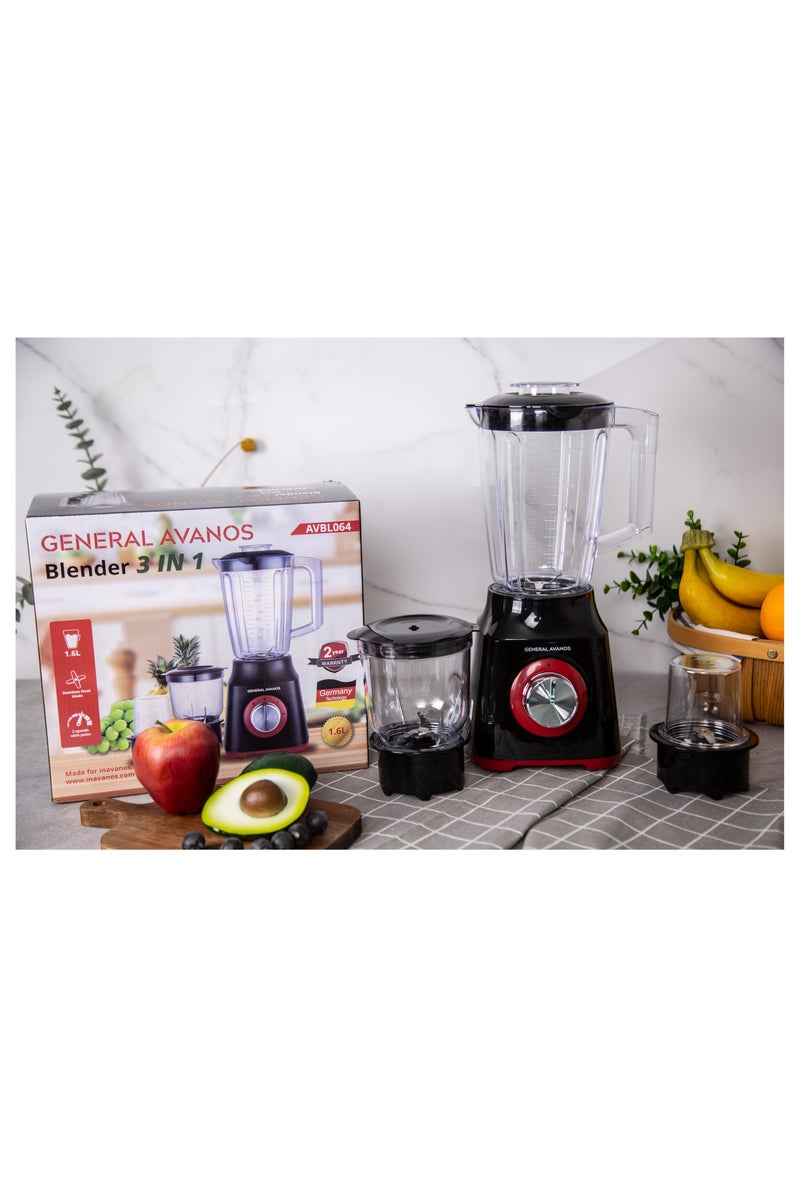 AVANOS خلاط طاولة 3 في 1 سعة 1.6 لتر مع وعاء 2 سرعة وزر نبض، وعاء مفرمة وطاحونة باللون الأحمر والأسود - Image 3