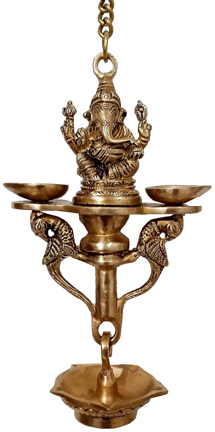 Purpledip Brass Ganesha Nila Vilakku 7batti Hanging Diya Peacocks Design Majestic Oil Lamp Deepak 12253 - Image 1
