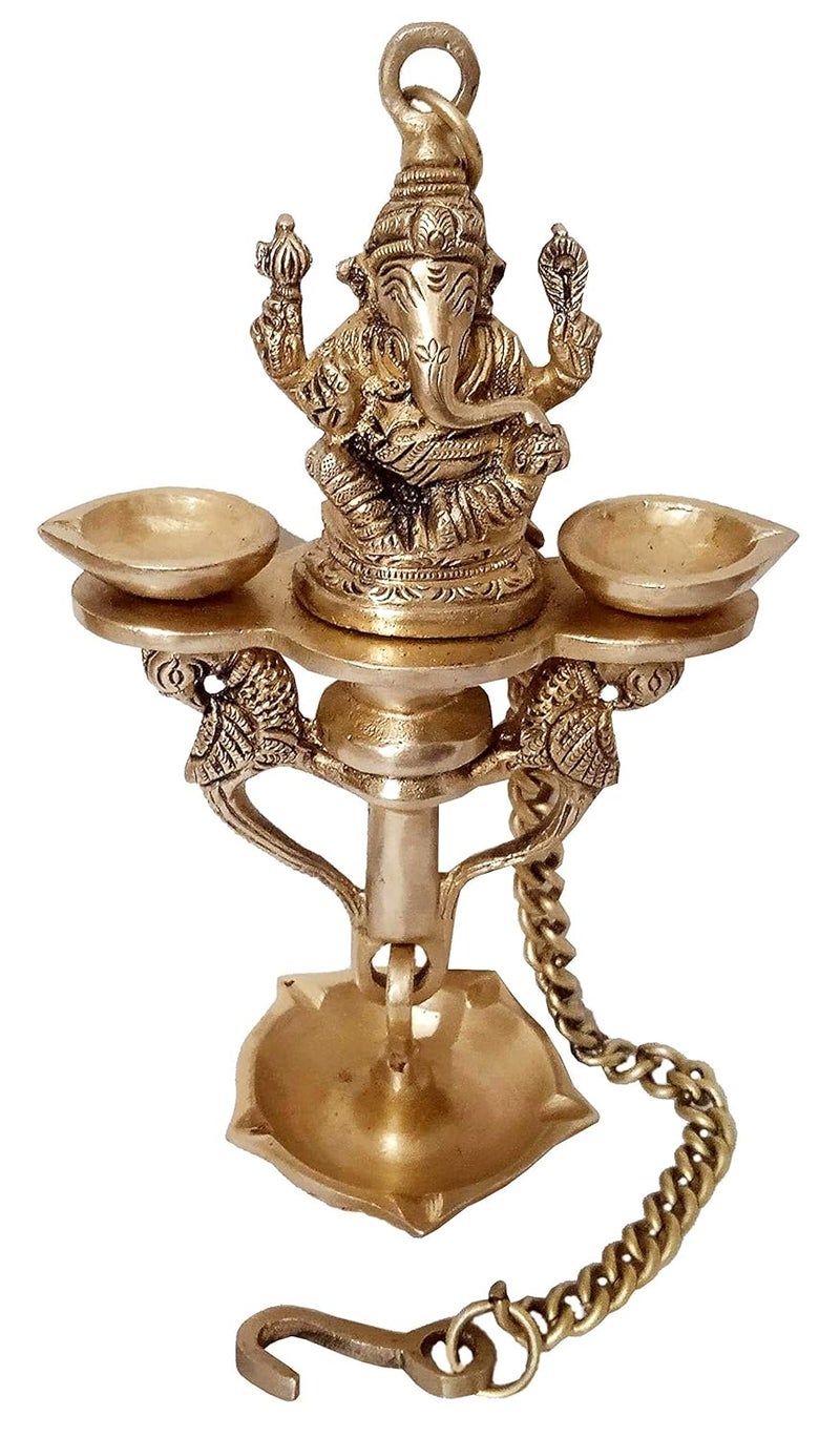 Purpledip Brass Ganesha Nila Vilakku 7batti Hanging Diya Peacocks Design Majestic Oil Lamp Deepak 12253 - Image 2