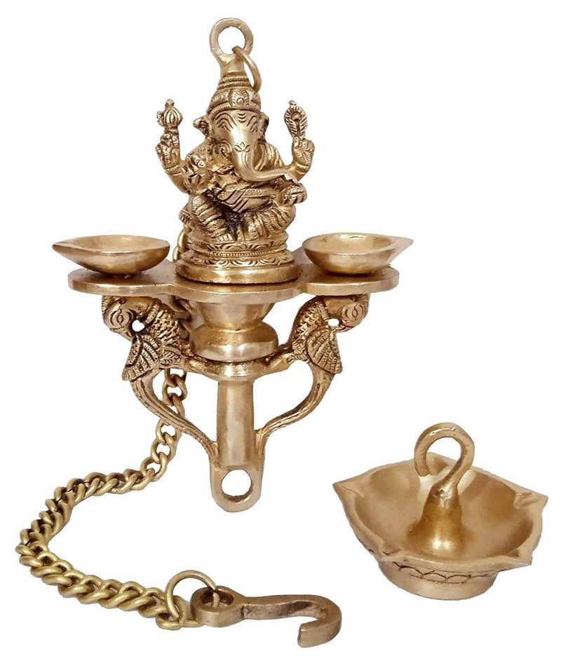 Purpledip Brass Ganesha Nila Vilakku 7batti Hanging Diya Peacocks Design Majestic Oil Lamp Deepak 12253 - Image 3