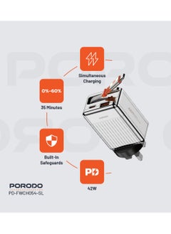porodo Super Quick GaN Charger with 75cm Retractable Type-C Cable / UK Plug /  USB-A & USB-C Output / PD 42W / Simultaneous Charging / Built-In Safeguards - Silver  - Image 2