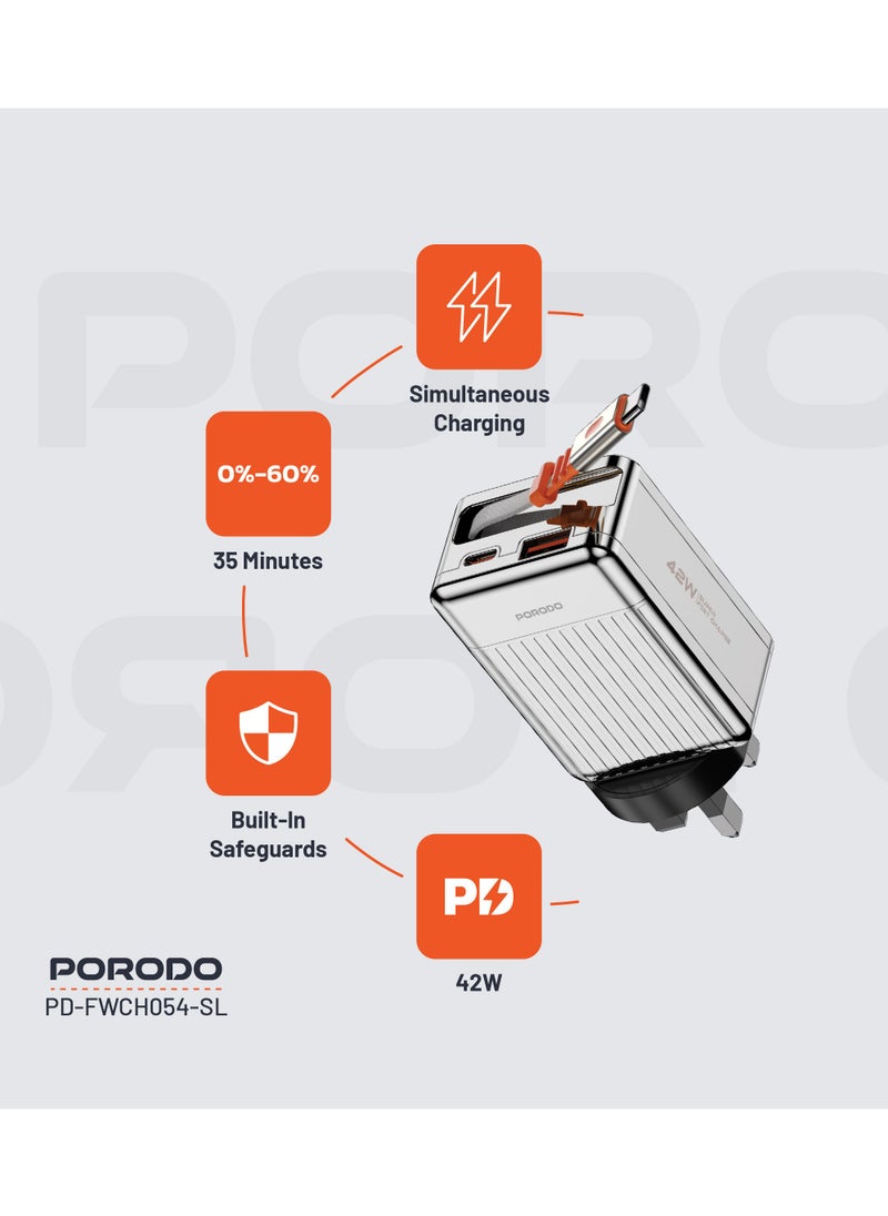 porodo - Super Quick GaN Charger with 75cm Retractable Type-C Cable / UK Plug /  USB-A & USB-C Output / PD 42W / Simultaneous Charging / Built-In Safeguards - Silver - Image 1