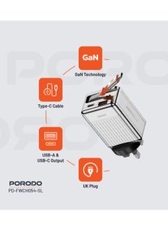 porodo Super Quick GaN Charger with 75cm Retractable Type-C Cable / UK Plug /  USB-A & USB-C Output / PD 42W / Simultaneous Charging / Built-In Safeguards - Silver  - Image 3