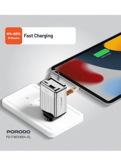 porodo Super Quick GaN Charger with 75cm Retractable Type-C Cable / UK Plug /  USB-A & USB-C Output / PD 42W / Simultaneous Charging / Built-In Safeguards - Silver  - Image 4