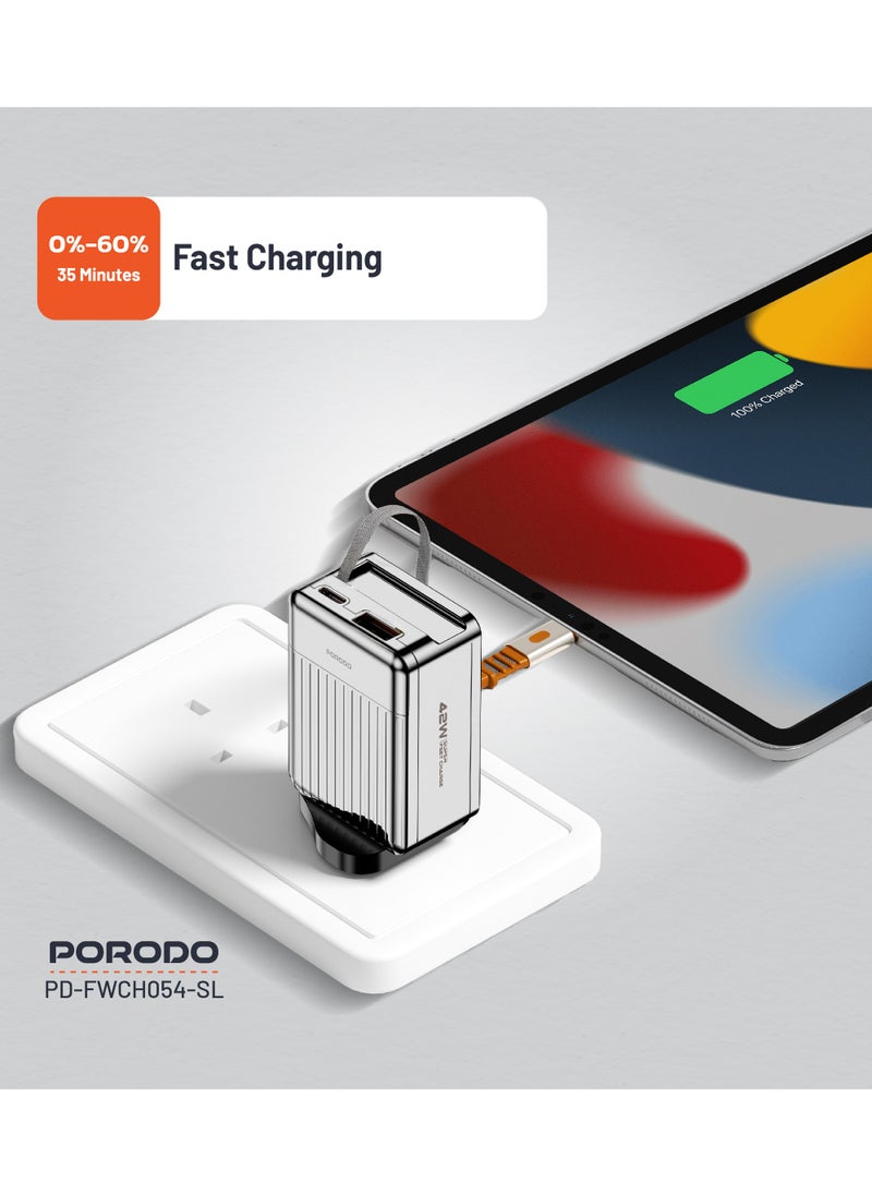 porodo - Super Quick GaN Charger with 75cm Retractable Type-C Cable / UK Plug /  USB-A & USB-C Output / PD 42W / Simultaneous Charging / Built-In Safeguards - Silver - Image 1