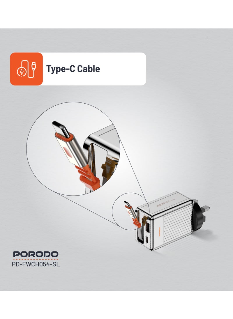 porodo - Super Quick GaN Charger with 75cm Retractable Type-C Cable / UK Plug /  USB-A & USB-C Output / PD 42W / Simultaneous Charging / Built-In Safeguards - Silver - Image 1