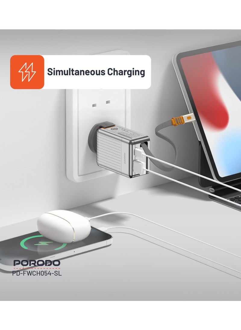porodo - Super Quick GaN Charger with 75cm Retractable Type-C Cable / UK Plug /  USB-A & USB-C Output / PD 42W / Simultaneous Charging / Built-In Safeguards - Silver - Image 1