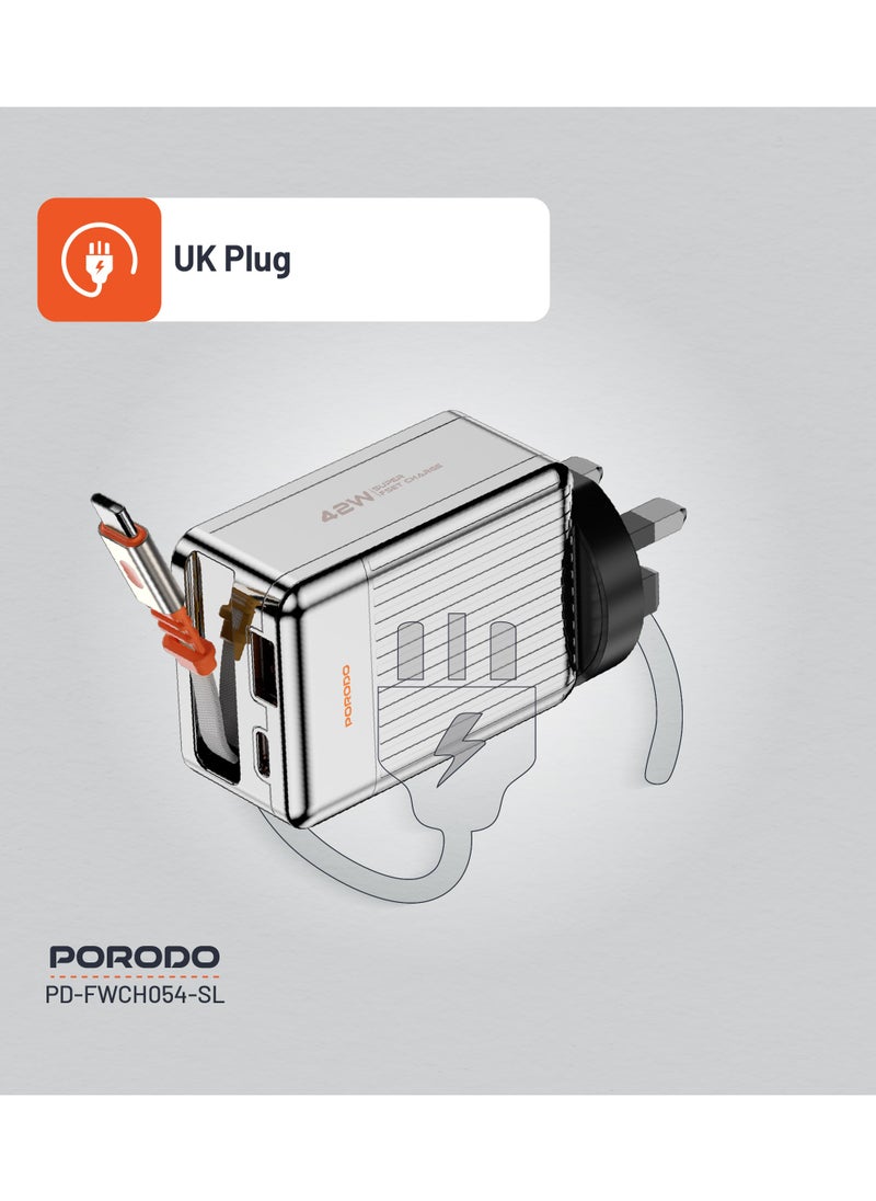 porodo - Super Quick GaN Charger with 75cm Retractable Type-C Cable / UK Plug /  USB-A & USB-C Output / PD 42W / Simultaneous Charging / Built-In Safeguards - Silver - Image 1
