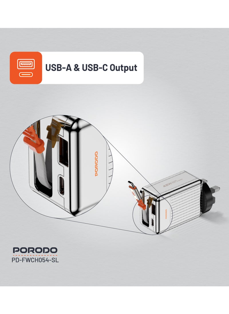 porodo - Super Quick GaN Charger with 75cm Retractable Type-C Cable / UK Plug /  USB-A & USB-C Output / PD 42W / Simultaneous Charging / Built-In Safeguards - Silver - Image 1