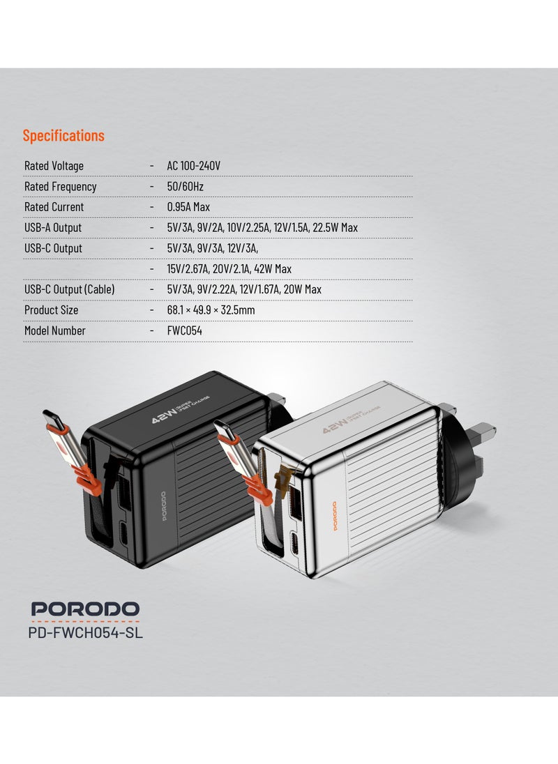 porodo - Super Quick GaN Charger with 75cm Retractable Type-C Cable / UK Plug /  USB-A & USB-C Output / PD 42W / Simultaneous Charging / Built-In Safeguards - Silver - Image 1
