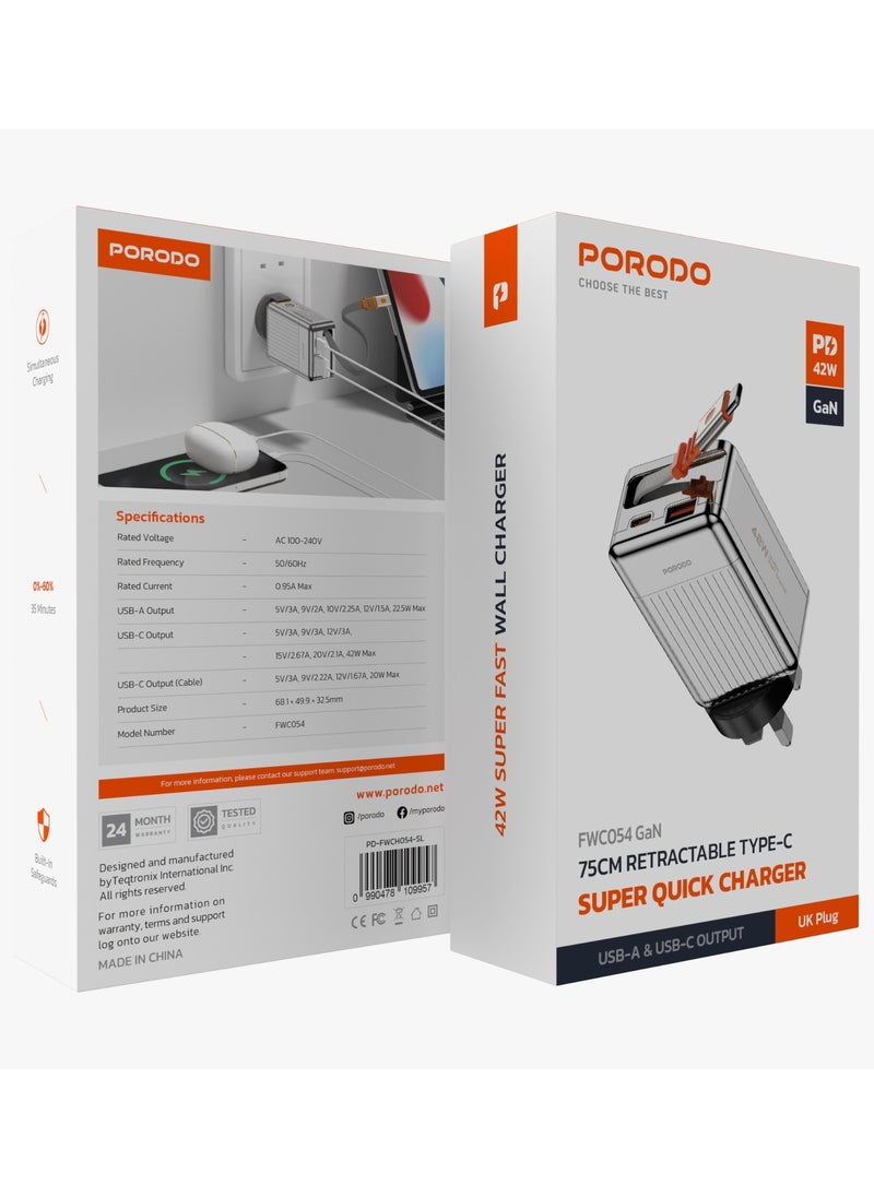 porodo - Super Quick GaN Charger with 75cm Retractable Type-C Cable / UK Plug /  USB-A & USB-C Output / PD 42W / Simultaneous Charging / Built-In Safeguards - Silver - Image 1