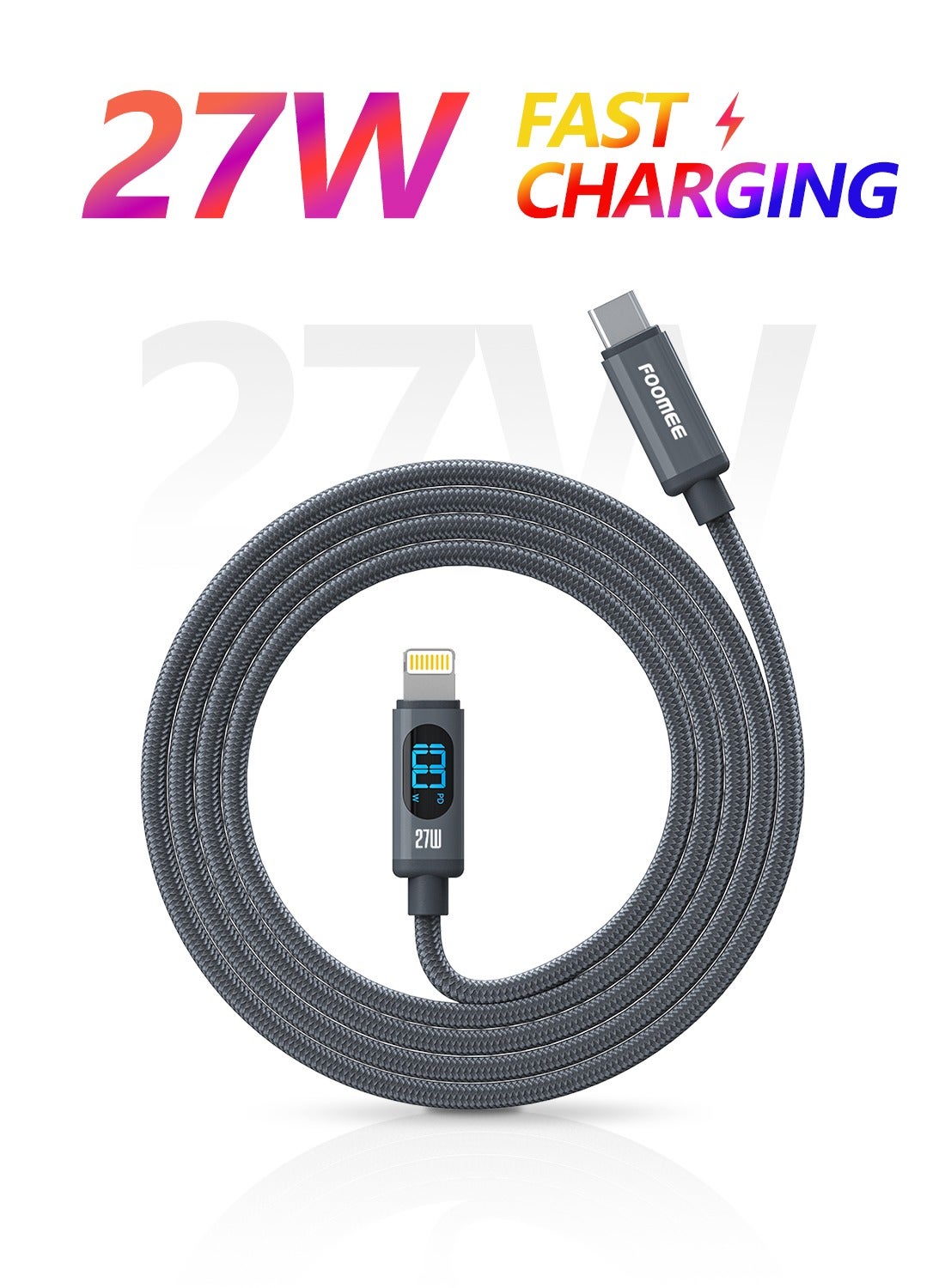 FOOMEE 27W USB C to Lightning Cable 1.2M(4FT) Nylon Braided Fast Charging Cable with LED Display PD Fast Charging Cable for lPhone