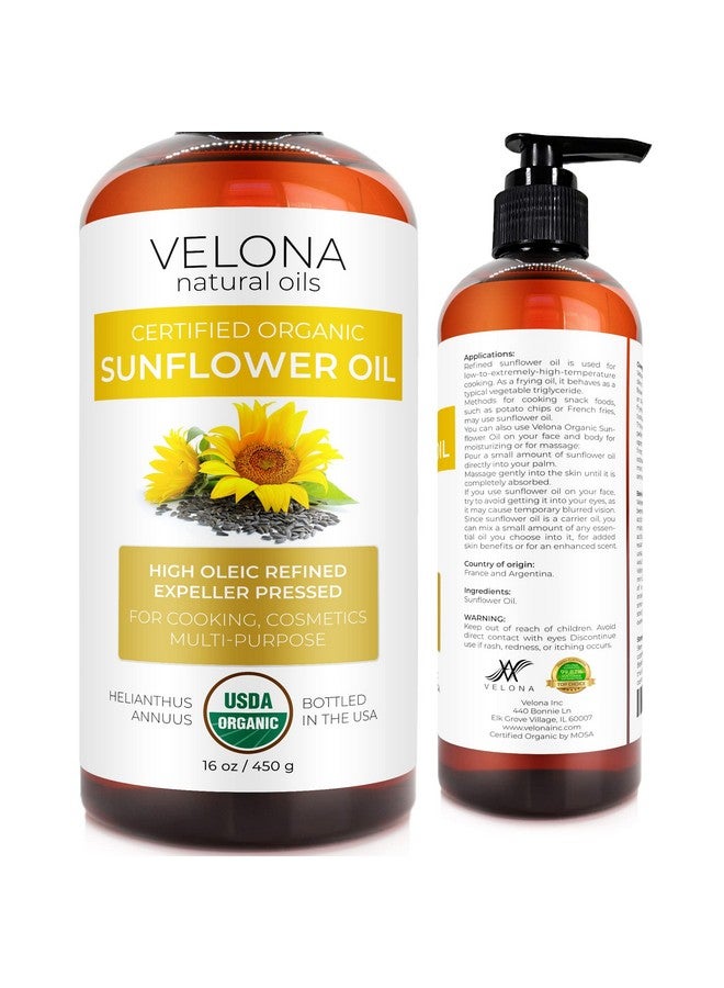 velona زيت عباد الشمس العضوي المعتمد من وزارة الزراعة الأمريكية، 16 أونصة، زيت ناقل طبيعي نقي بنسبة 100%، مكرر، معصور على البارد، للطهي، للبشرة، والشعر، والجسم، والوجه، مرطب - Image 1