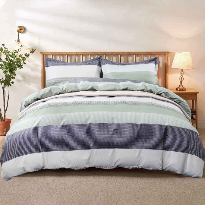 QUEEN DUVET COVER SET 3PC 90X90 GRAY MINT GREEN STRIPED PATTERN PRINTED LUXURY MICROFIBER COMFORTER QUILT BEDDING COVER WITH ZIPPER CLOSURE TIES MODERN FOR MEN AND WOMEN CHAMBRAY
