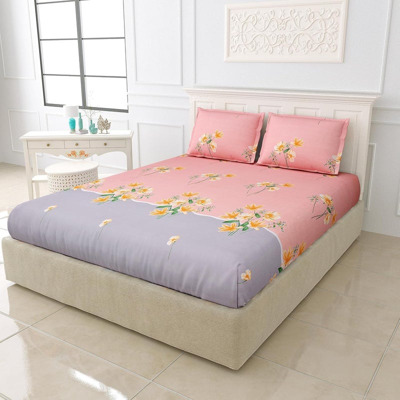 EasyGoods Super Soft Twilight Floral Bedsheet Bedsheet for Double Bed King Size Double Bedsheet with 2 Pillow Covers Premium Printed Flat Bed Sheet 106x107 inchPink - Image 1