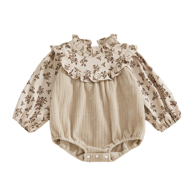 XRTBMN Infant Baby Girl Floral Romper Long Sleeve Turtle Neck Ruffled Bodysuit Fall Clothes Newborn Coming Home Outfit (Khaki, 3-6 Months) - Image 1