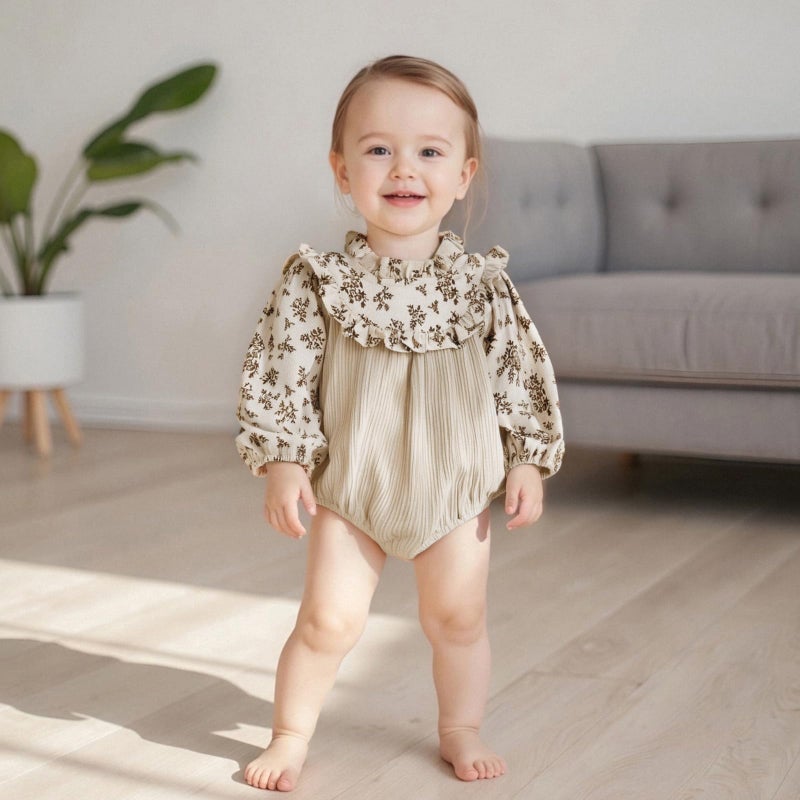 XRTBMN Infant Baby Girl Floral Romper Long Sleeve Turtle Neck Ruffled Bodysuit Fall Clothes Newborn Coming Home Outfit (Khaki, 3-6 Months) - Image 3