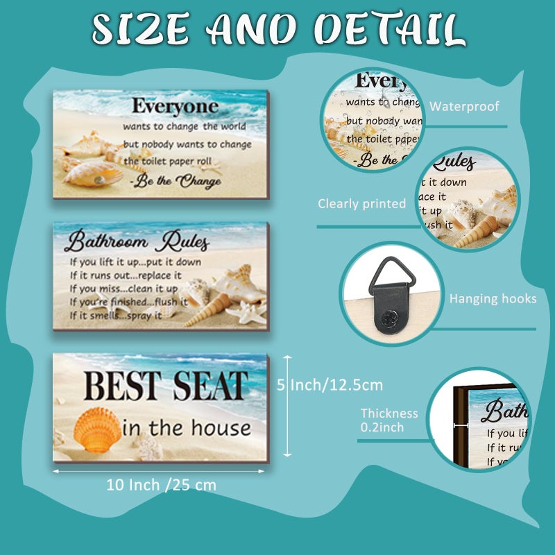 ZINYAZHE 3-Piece Bathroom Rules Wall Art - Funny Ocean Beach Rules Signs - Best Seat in The House - Toilet Wall Decor (10x5 inch) - Image 3