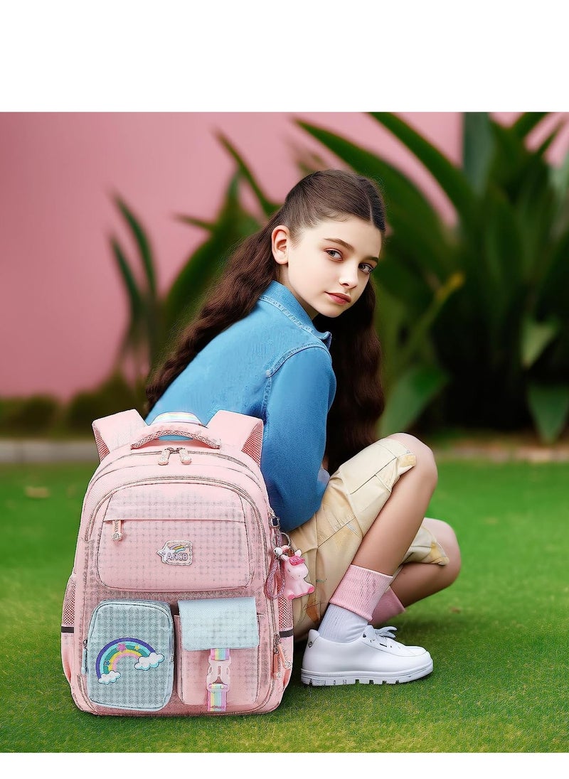 SYOSI - Backpack for Girls, Wide Open Elementary Primary Middle School Bags with Many Compartments, Safety Reflective Strip, Waterproof, Large Capacity, for Kids, Teens, Pink - Image 1