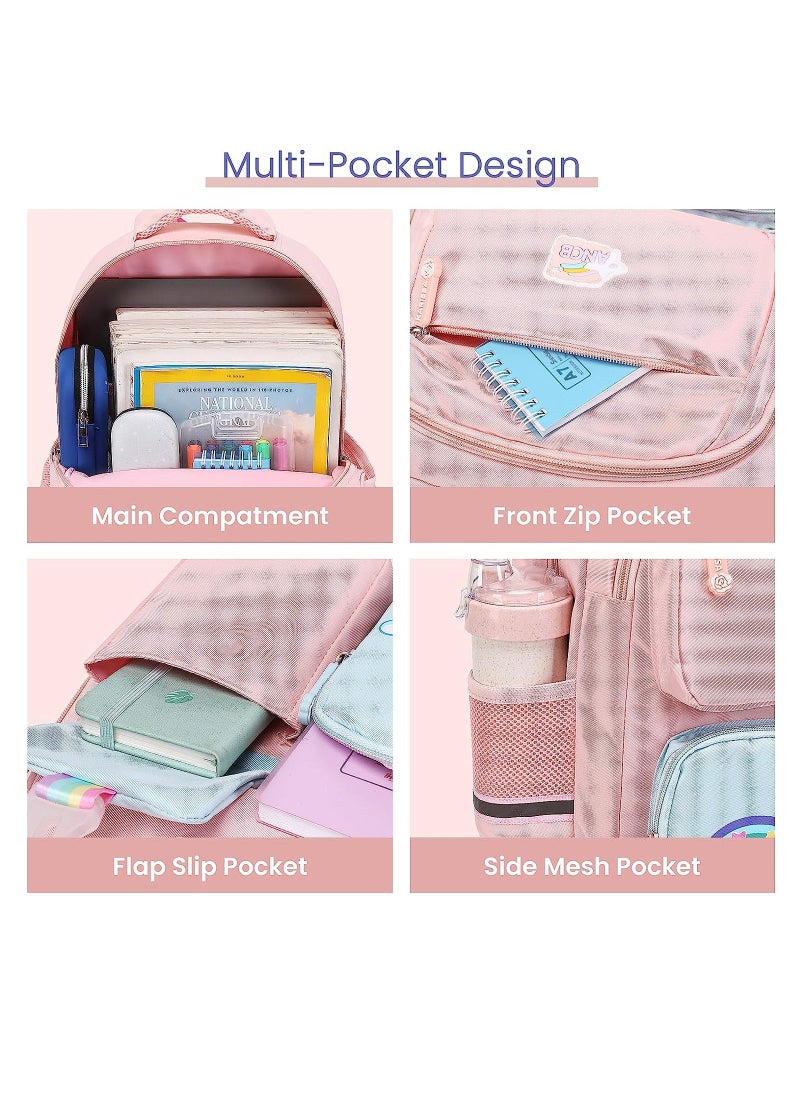SYOSI - Backpack for Girls, Wide Open Elementary Primary Middle School Bags with Many Compartments, Safety Reflective Strip, Waterproof, Large Capacity, for Kids, Teens, Pink - Image 1