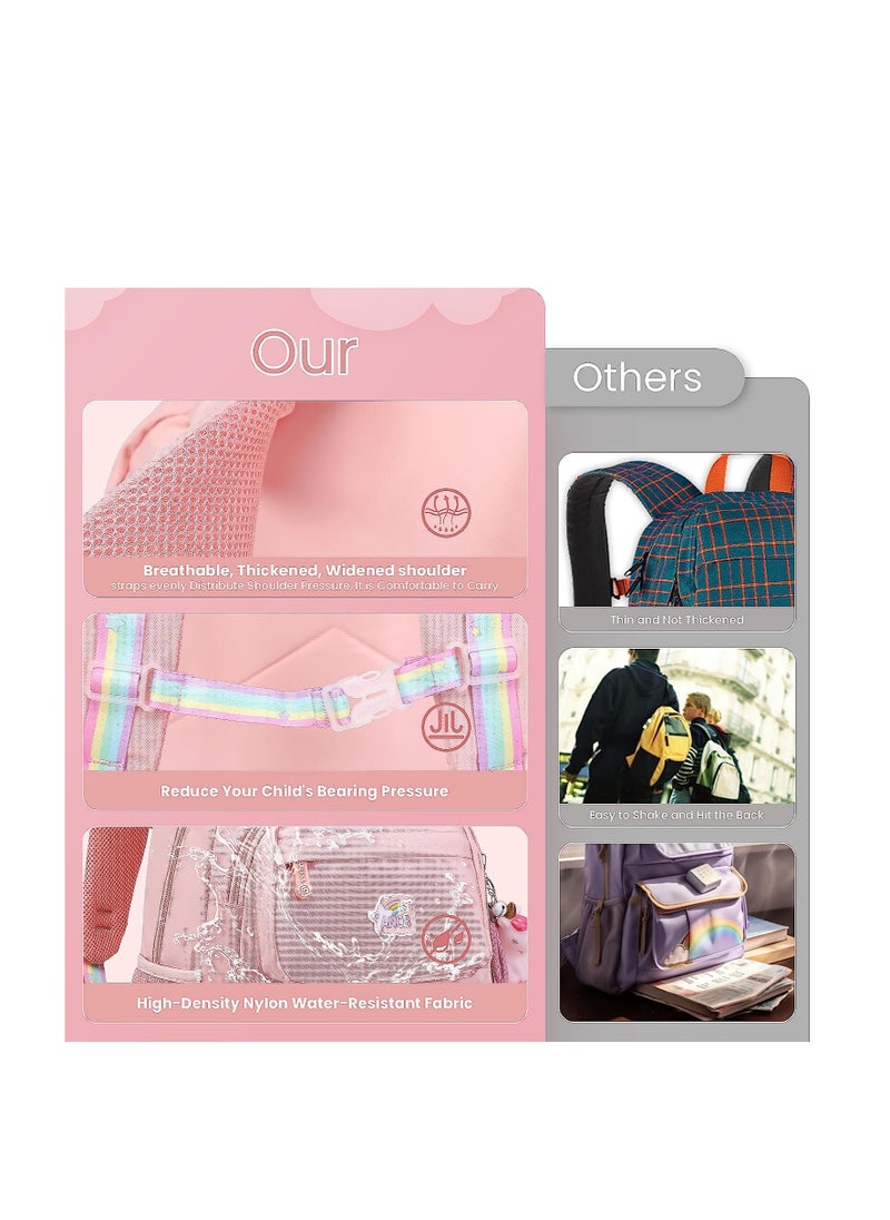 SYOSI - Backpack for Girls, Wide Open Elementary Primary Middle School Bags with Many Compartments, Safety Reflective Strip, Waterproof, Large Capacity, for Kids, Teens, Pink - Image 1