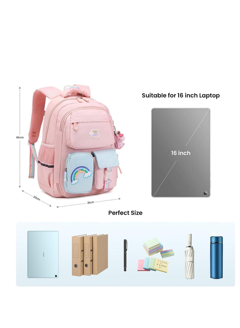 SYOSI - Backpack for Girls, Wide Open Elementary Primary Middle School Bags with Many Compartments, Safety Reflective Strip, Waterproof, Large Capacity, for Kids, Teens, Pink - Image 1