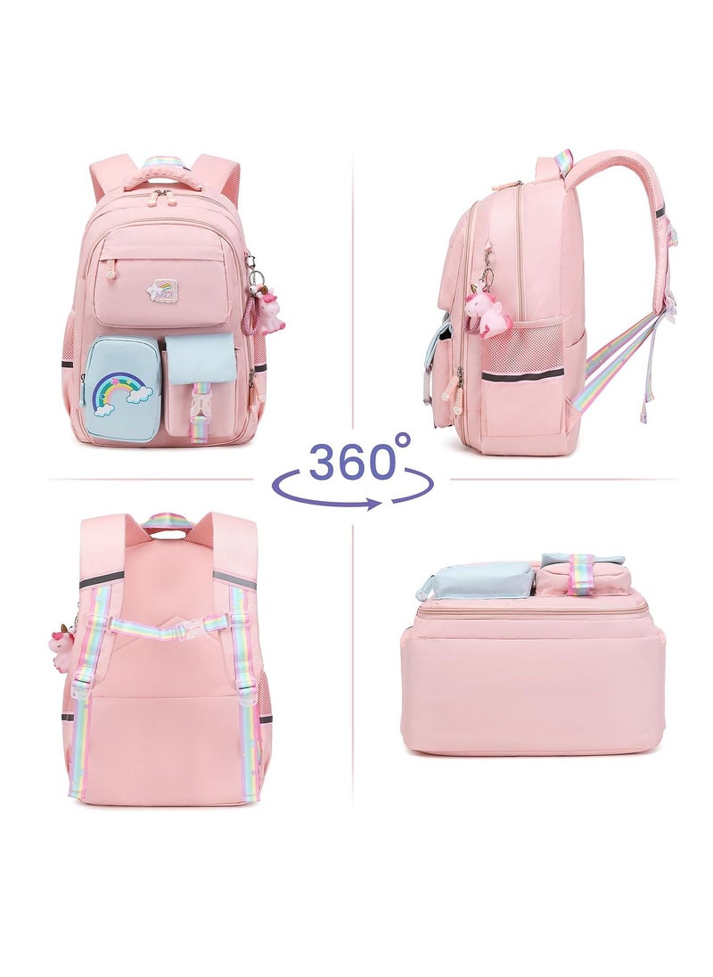 SYOSI - Backpack for Girls, Wide Open Elementary Primary Middle School Bags with Many Compartments, Safety Reflective Strip, Waterproof, Large Capacity, for Kids, Teens, Pink - Image 1