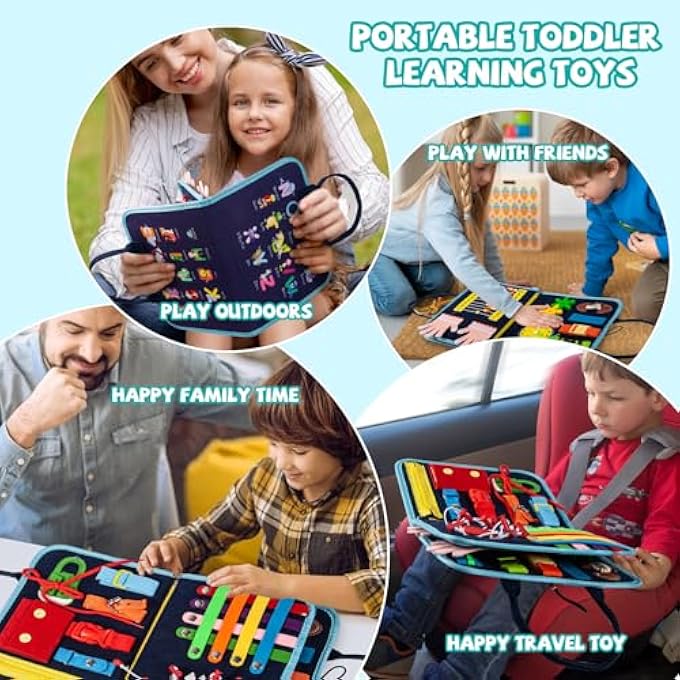 UCHAUNG MONTESSORI BUSY BOARD TOY FOR 1-4 YEAR OLD TODDLERS，TODDLER TRAVEL TOYS，SENSORY TOYS, QUIET BOOKS，PERFECT TODDLER TRAVEL TOY - GIFT FOR BOYS & GIRLS - BLUE - Image 5