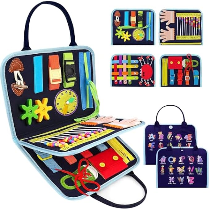 UCHAUNG MONTESSORI BUSY BOARD TOY FOR 1-4 YEAR OLD TODDLERS，TODDLER TRAVEL TOYS，SENSORY TOYS, QUIET BOOKS，PERFECT TODDLER TRAVEL TOY - GIFT FOR BOYS & GIRLS - BLUE - Image 1