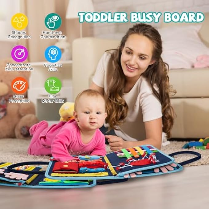 UCHAUNG MONTESSORI BUSY BOARD TOY FOR 1-4 YEAR OLD TODDLERS，TODDLER TRAVEL TOYS，SENSORY TOYS, QUIET BOOKS，PERFECT TODDLER TRAVEL TOY - GIFT FOR BOYS & GIRLS - BLUE - Image 3