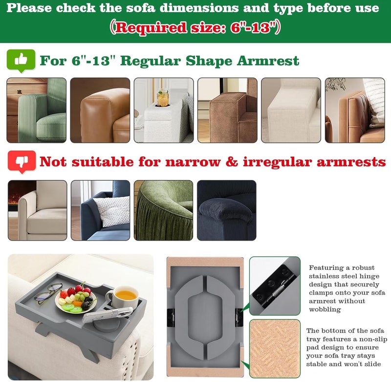 GHKINMAL Couch Cup Holder, 4-in-1 Side Couch Arm Tray with Phone Holder, Sofa Clip on Side Table for Wide Couches Arm, Suitable for Home Drinks/Remote/Snacks-Grey - Image 4