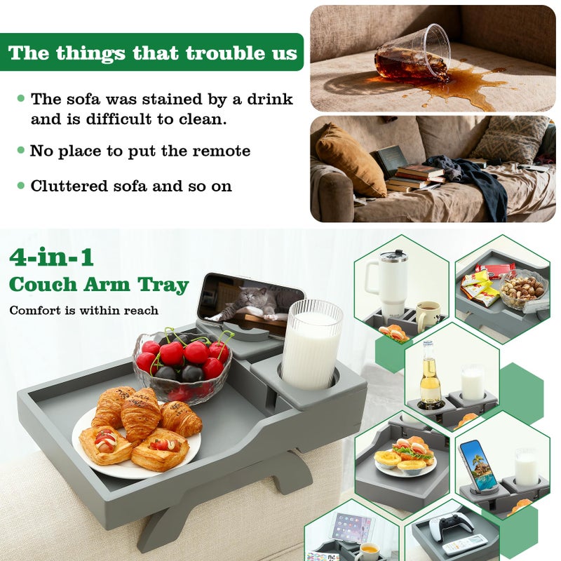 GHKINMAL Couch Cup Holder, 4-in-1 Side Couch Arm Tray with Phone Holder, Sofa Clip on Side Table for Wide Couches Arm, Suitable for Home Drinks/Remote/Snacks-Grey - Image 2