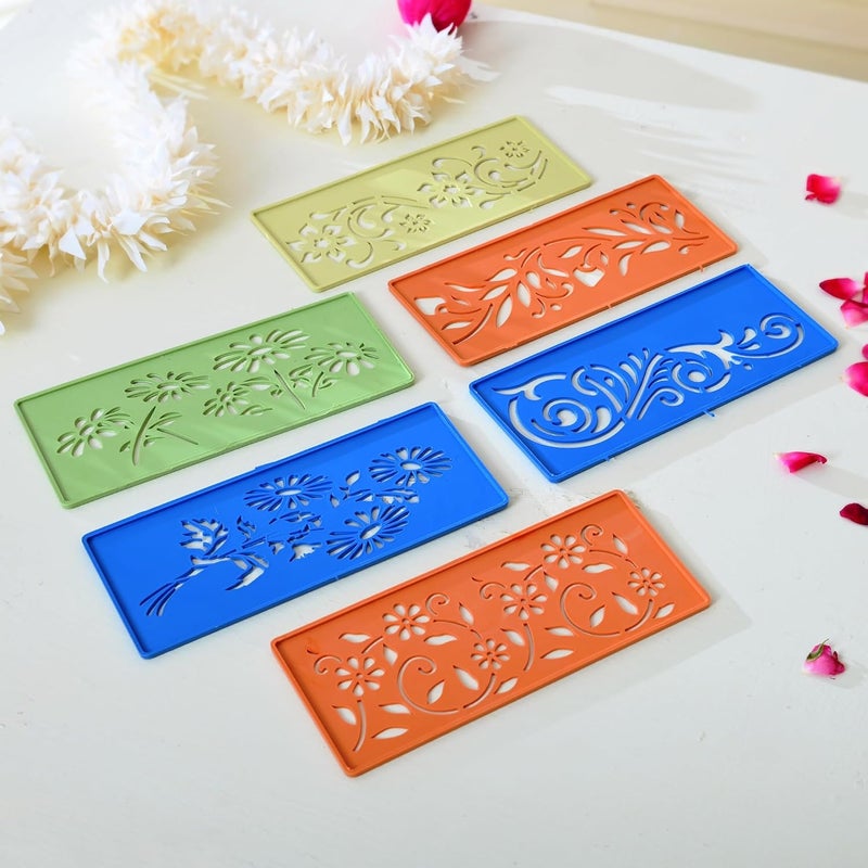 Craftam Different Design Ready to Draw Rangoli Making Stencils, Rangoli Plastic Stencils for Floor Decoration Easy Rangoli stencil for beginners Diwali home decoration Rangoli kit Floor decoration stencils for festivals Indian festival decor (Set of 12, Size 3x7 Inch) - Image 2