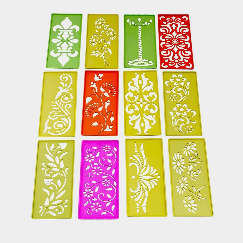Craftam Different Design Ready to Draw Rangoli Making Stencils, Rangoli Plastic Stencils for Floor Decoration Easy Rangoli stencil for beginners Diwali home decoration Rangoli kit Floor decoration stencils for festivals Indian festival decor (Set of 12, Size 3x7 Inch) - Image 3