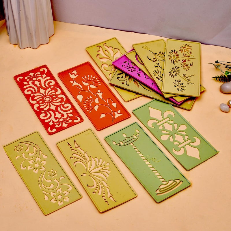 Craftam Different Design Ready to Draw Rangoli Making Stencils, Rangoli Plastic Stencils for Floor Decoration Easy Rangoli stencil for beginners Diwali home decoration Rangoli kit Floor decoration stencils for festivals Indian festival decor (Set of 12, Size 3x7 Inch) - Image 1