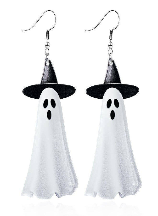 Skyfun Halloween Earrings for Women Cute Acrylic Spooky White Ghost Earrings with Black Witch Hat Funny Earring Dangling Halloween Party Jewelry, Adorable Ghosts - Image 1