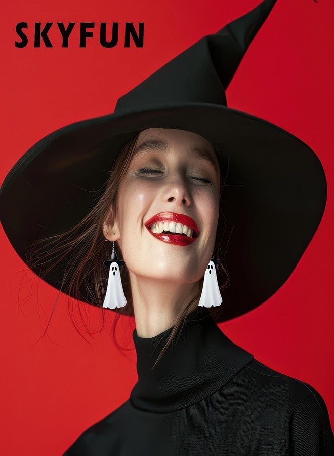 Skyfun Halloween Earrings for Women Cute Acrylic Spooky White Ghost Earrings with Black Witch Hat Funny Earring Dangling Halloween Party Jewelry, Adorable Ghosts - Image 2